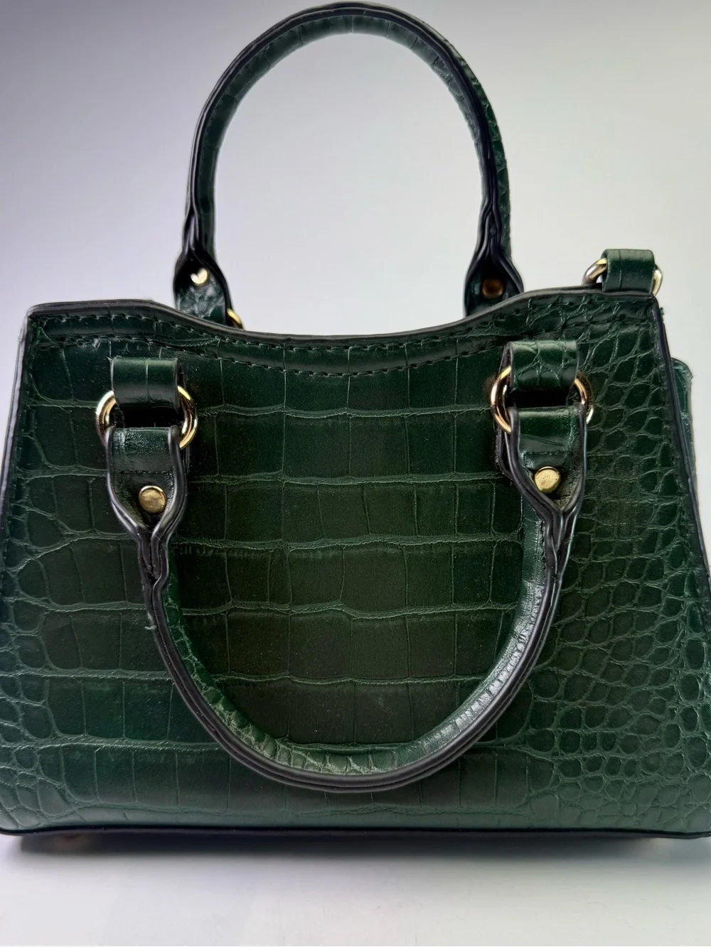 Women’s Green Faux Croc Embossed Satchel Crossbody Handbag Gold Toned Hardware